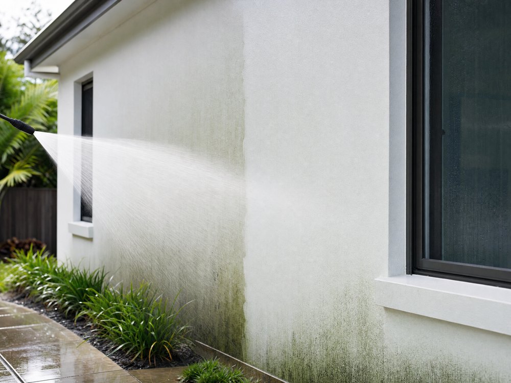 Rendered wall mid soft wash, clean white beside green mould staining
